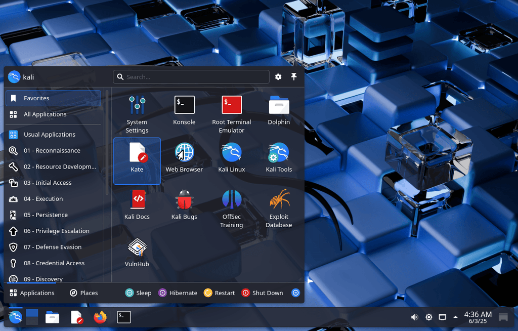 Bureau de Kali Linux 2026.2 avec le menu des outils sans fil ouvert