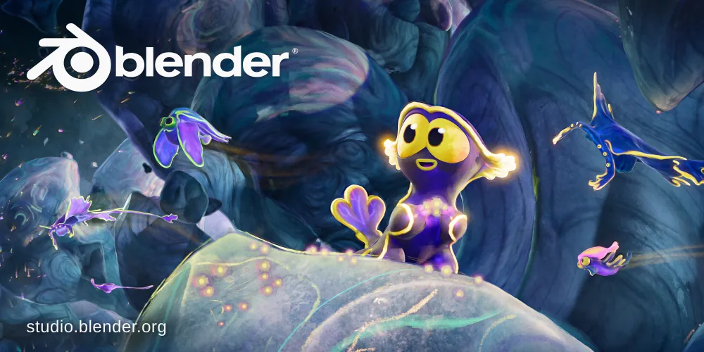 Splash screen de Blender avec un personnage violet lumineux et des créatures fantastiques"