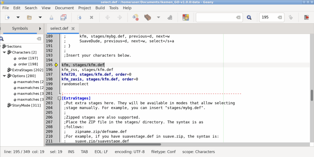Fichier select.def d'IKEMEN GO ouvert dans Notepad++ avec un personnage ajouté