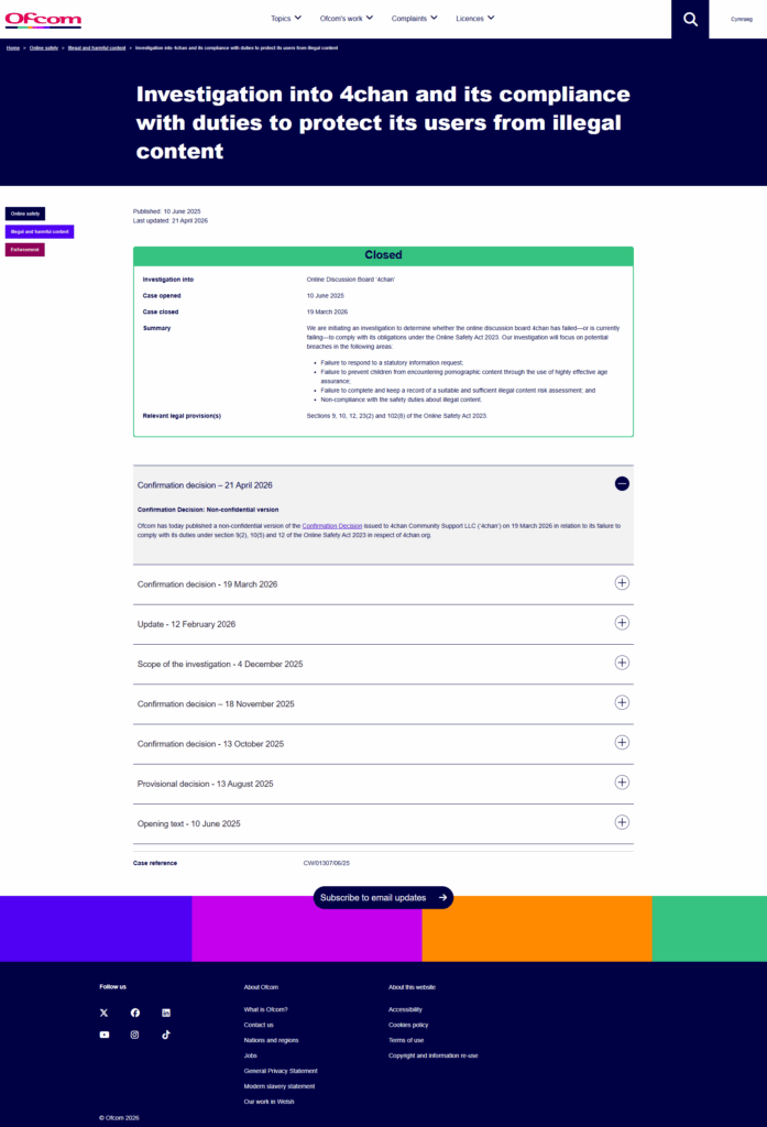 Décision de l'Ofcom du 19 mars 2026 sanctionnant 4chan de 520 000 livres au titre de l'Online Safety Act 