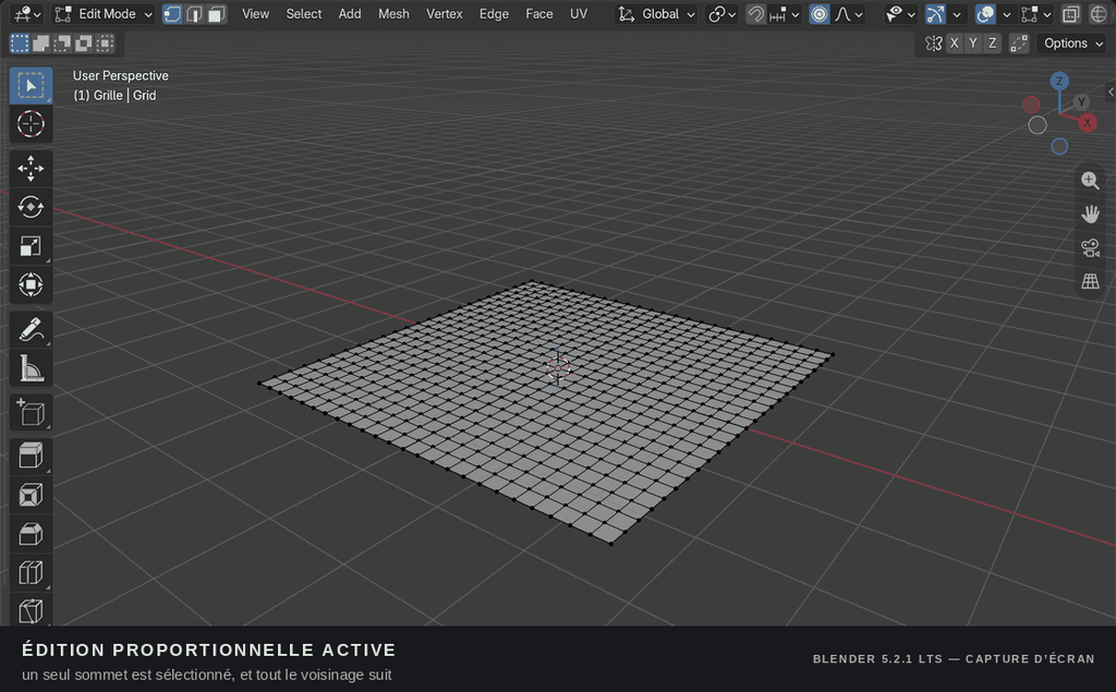 Édition proportionnelle activée par erreur dans Blender : un seul sommet est déplacé et toute la grille suit, puis la touche O l'éteint et le sommet part seul.