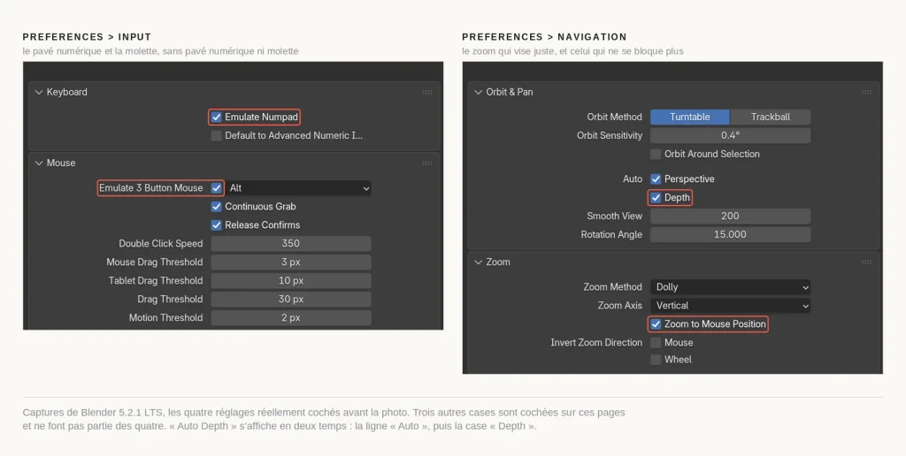 Préférences Blender pour ordinateur portable : Emulate Numpad, Emulate 3 Button Mouse, Zoom to Mouse Position, Auto Depth