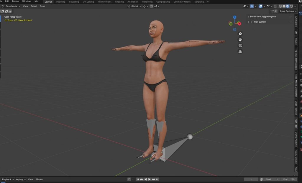 Une armature positionnée sur un personnage dans Blender 5.1. Chaque os du squelette contrôle une zone du maillage et définit comment le modèle se déforme lors de l'animation.