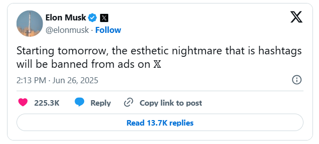 Post d'Elon Musk interdisant les hashtags dans les publicités sur X, contredit par Grok