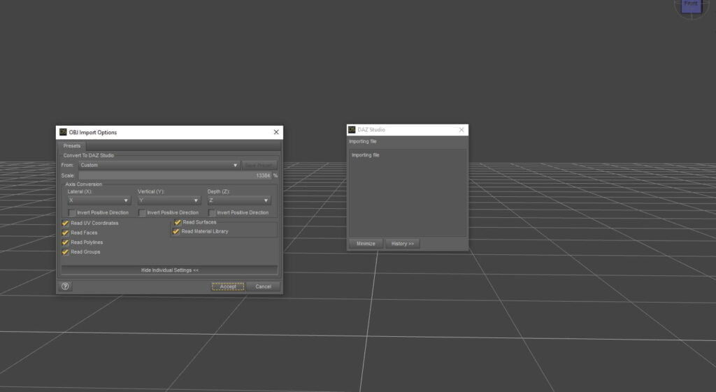 paramètres d'importation obj daz studio