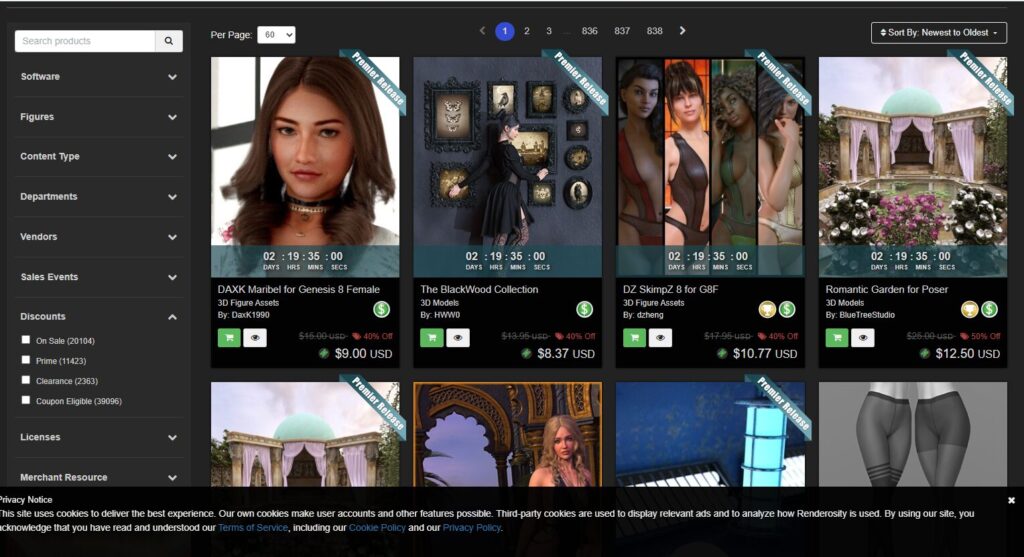 Capture d'écran du MarketPlace Renderosity