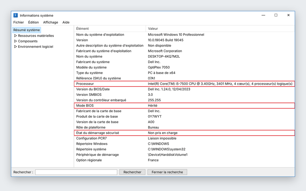 Fenêtre Informations système de Windows 10 montrant le processeur, le mode BIOS et l'état du démarrage sécurisé