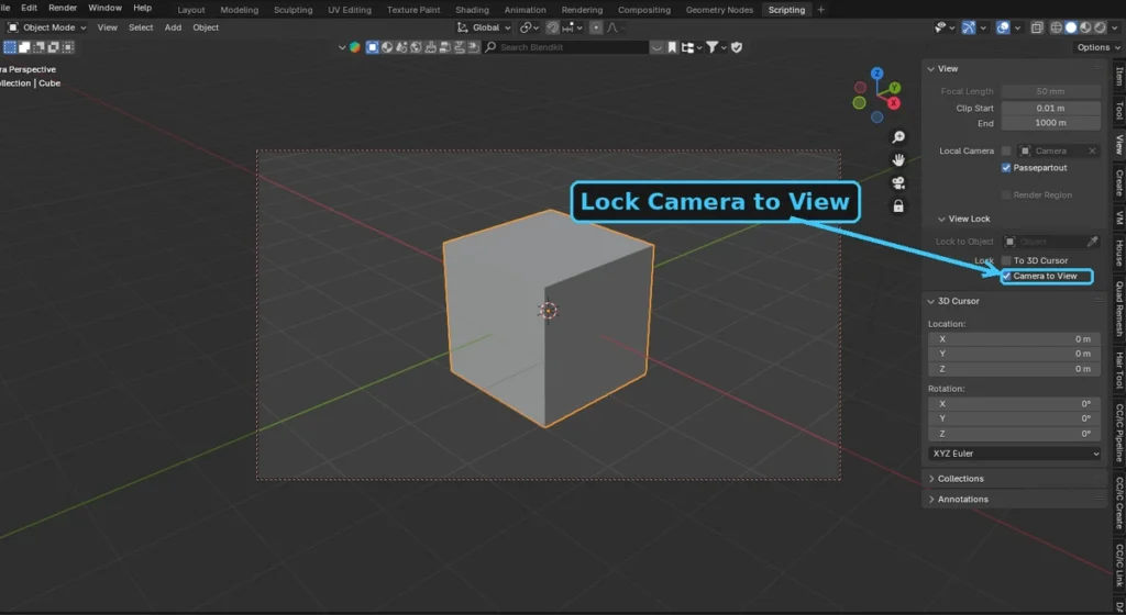 Option Lock Camera to View dans le panneau latéral de Blender.