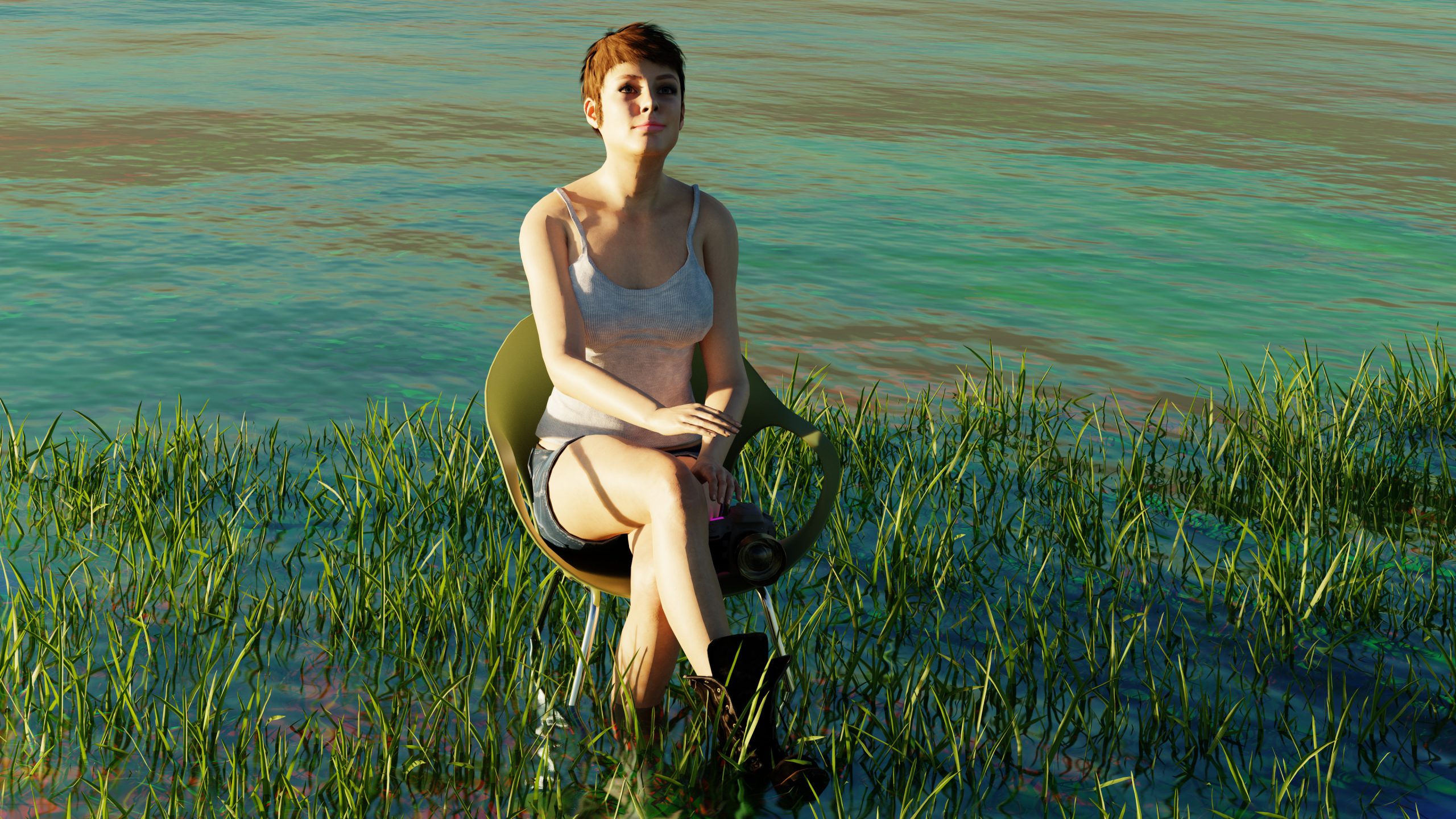 woman sitting on a chair with a camera