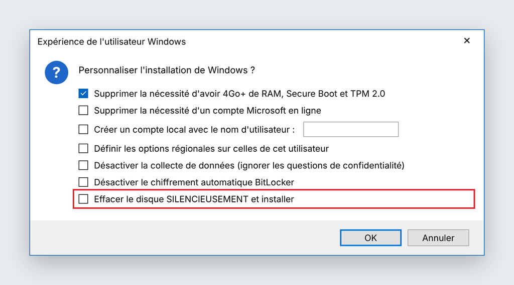 Options de Rufus pour installer Windows 11 sans TPM 2.0 ni Secure Boot
