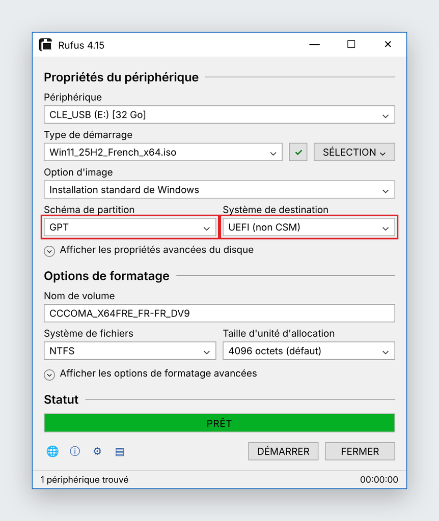 Fenêtre de Rufus 4.15 réglée pour créer une clé d'installation de Windows 11