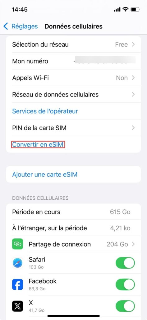 apture d'écran des réglages iPhone montrant le menu Données cellulaires avec l'option Convertir en eSIM encadrée en rouge et l'option Ajouter une carte eSIM en dessous.