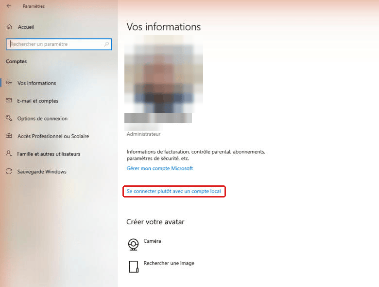 Paramètres de Windows 11 pour passer d'un compte Microsoft à un compte local