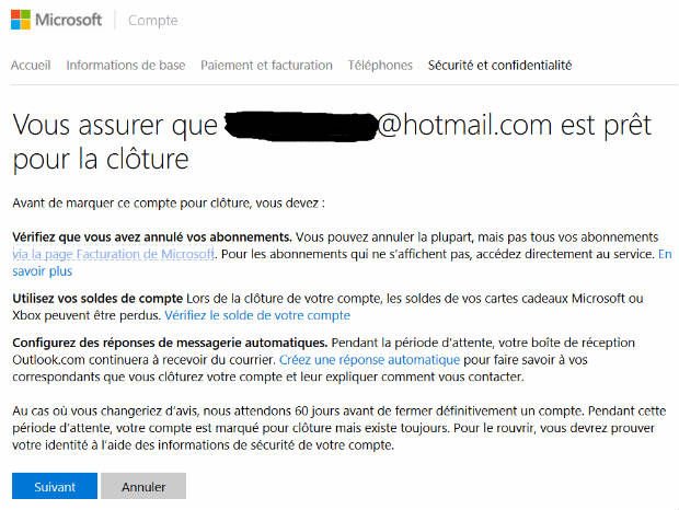 Page de fermeture d'un compte Microsoft avec le choix du délai de 30 ou 60 jours 