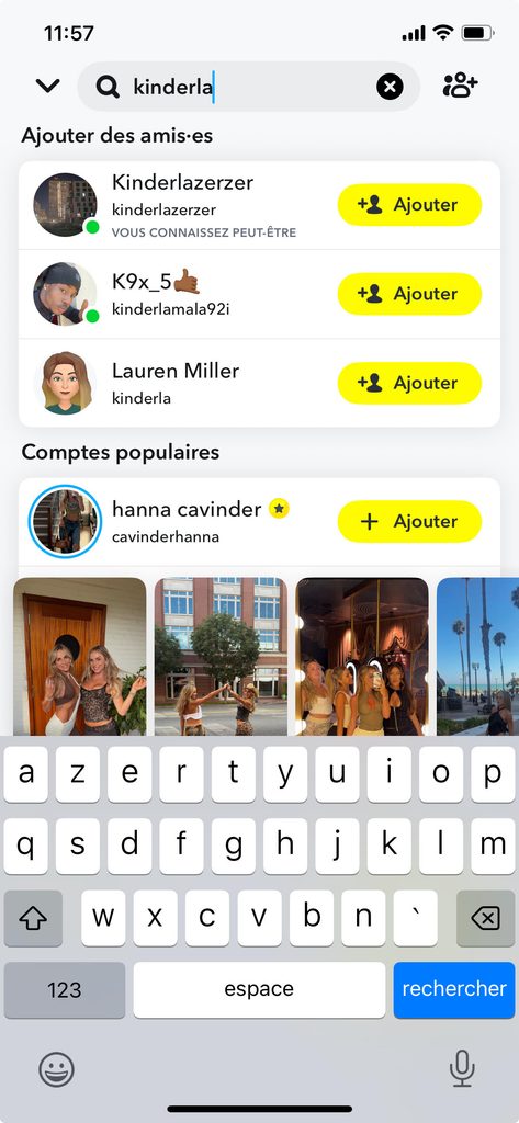 Champ de recherche Snapchat avec un nom d'utilisateur saisi et la liste de résultats