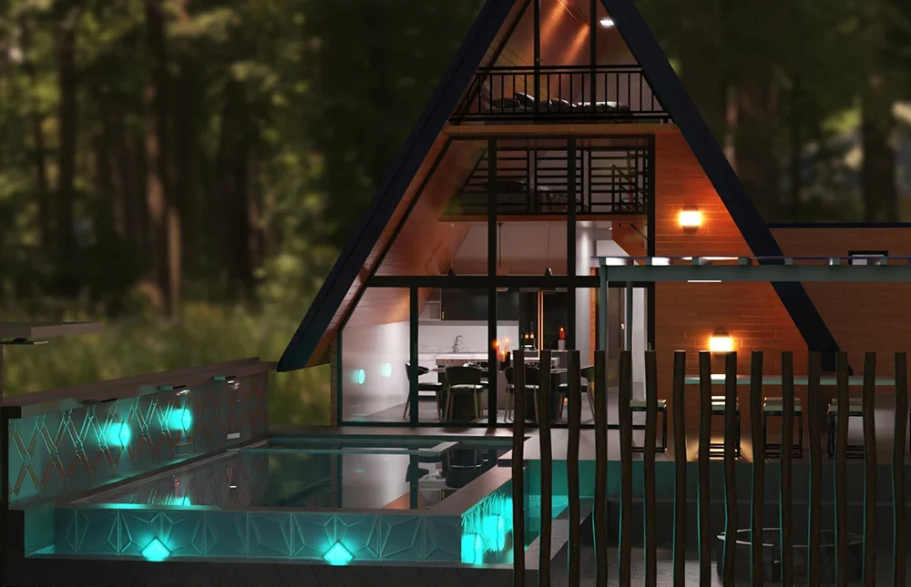 Chalet en A Tri Cabin éclairé de nuit, avec sa piscine, rendu de présentation Daz 3D