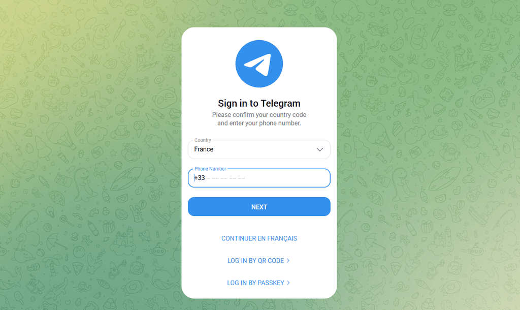 Formulaire de connexion à Telegram Web demandant le pays et le numéro de téléphone