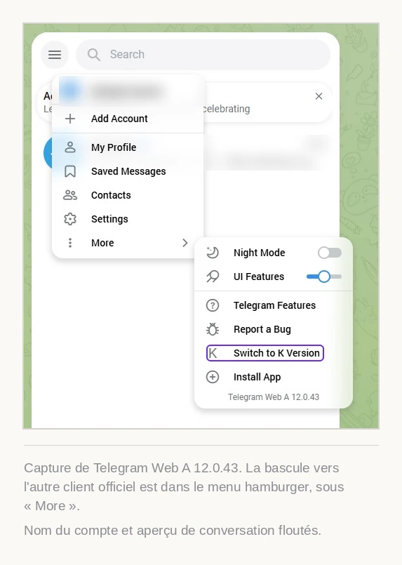 Sous-menu More de Telegram Web A avec l'option Switch to K Version