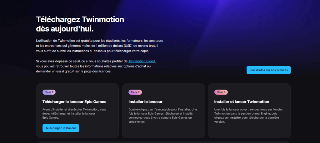 Page de téléchargement de Twinmotion affichant les conditions de gratuité