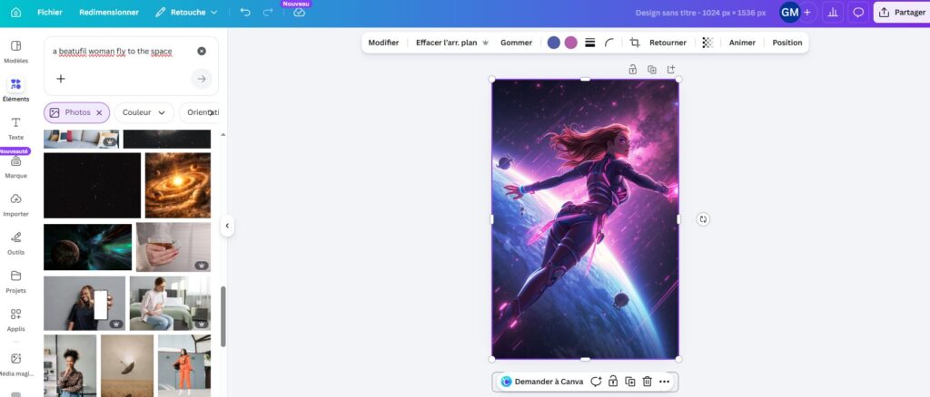 Capture d'écran de l'interface Magic Media dans l'éditeur Canva montrant le champ de saisie du prompt, les options de style (Photo, Dessin, 3D, Aquarelle, Néon) et quatre images générées par l'IA à partir d'une description textuelle.