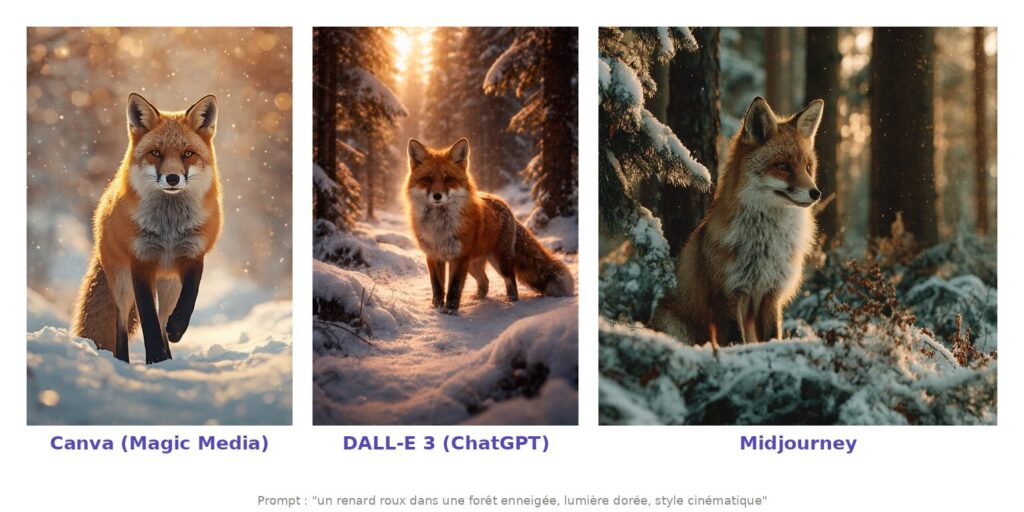 Capture d'écran de l'interface Magic Media dans l'éditeur Canva montrant le champ de saisie du prompt, les options de style (Photo, Dessin, 3D, Aquarelle, Néon) et quatre images générées par l'IA à partir d'une description textuelle.