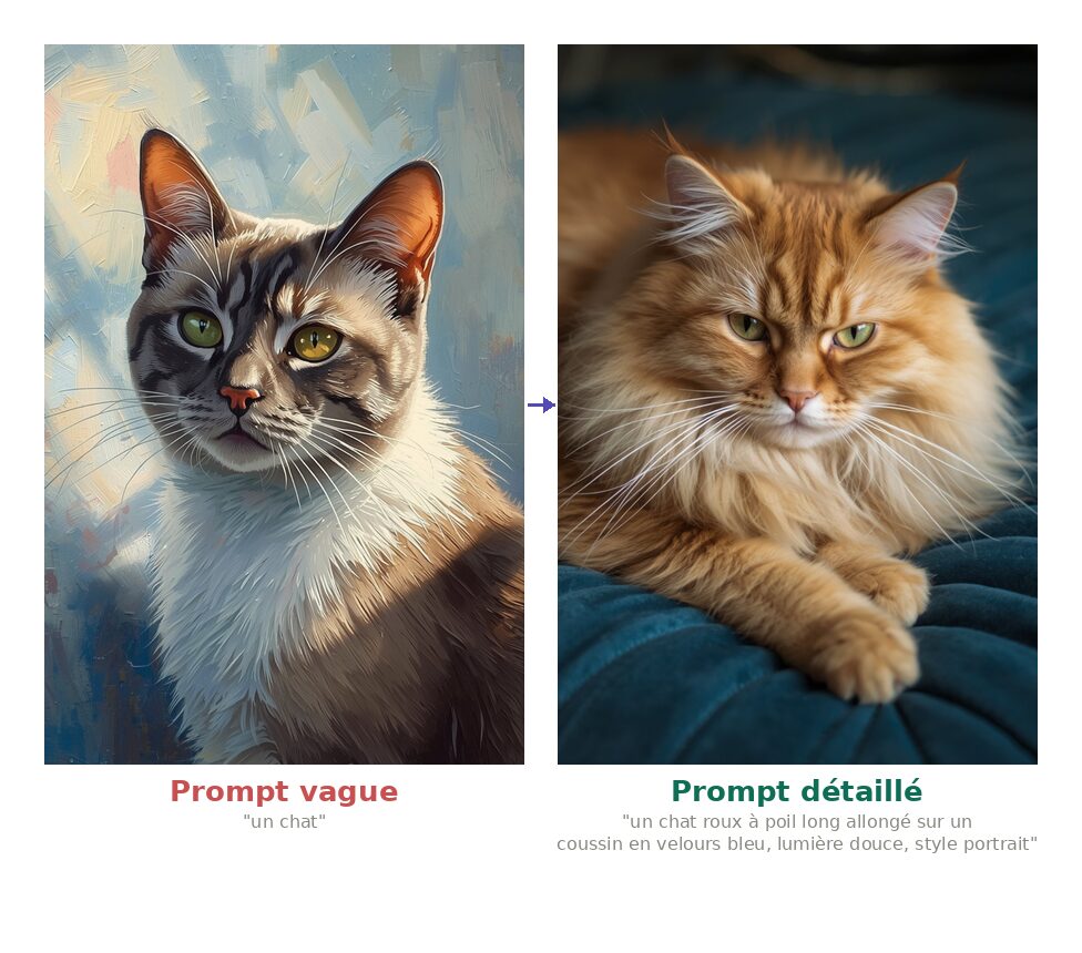 Comparaison avant/après dans Canva Magic Media : à gauche, le prompt vague "un chat" génère un portrait peint générique ; à droite, le prompt détaillé "un chat roux à poil long allongé sur un coussin en velours bleu, lumière douce, style portrait" produit une image photographique précise correspondant exactement à la description.