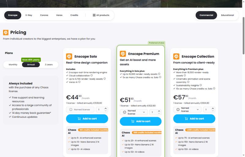 Page tarifaire de Chaos affichant côte à côte les offres Enscape, V-Ray et Corona