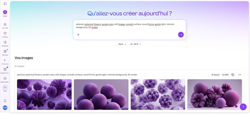 Capture d'écran de l'interface Dream Lab de Canva montrant le champ de prompt, les préréglages de style visuel, le sélecteur de format et la possibilité d'uploader une image de référence pour guider la génération.