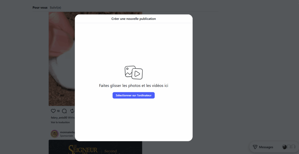 Fenêtre de publication d'Instagram sur ordinateur limitée au recadrage et à la miniature