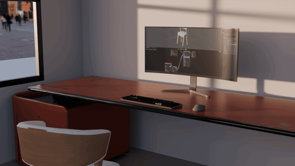 Poste de travail d'un artiste 3D avec un logiciel de modélisation ouvert