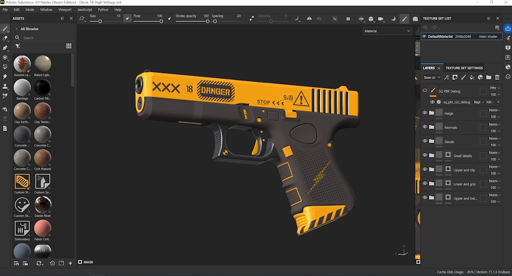 interface de Substance 3D Painter pendant le texturing d'un asset de jeu