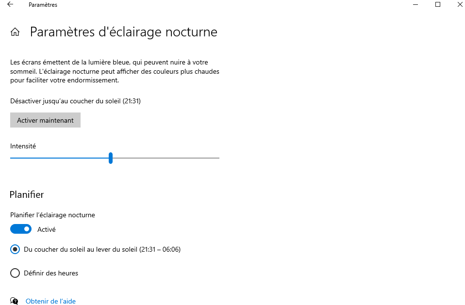paramètres d'éclairage nocturne Windows