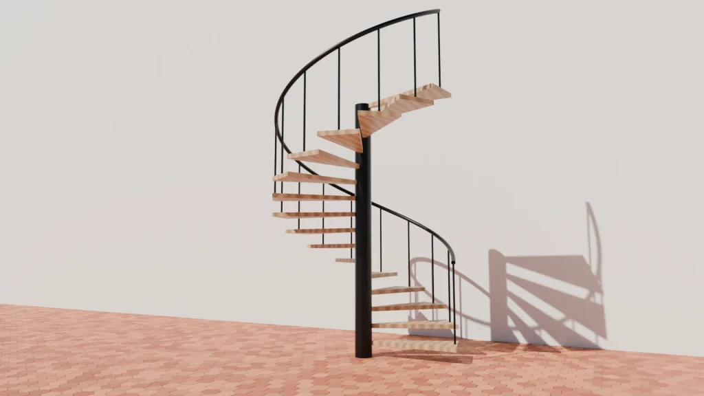 Rendu 3D d'un escalier en colimaçon en bois et métal noir sur un sol de tomettes hexagonales, son ombre en spirale projetée sur un mur blanc