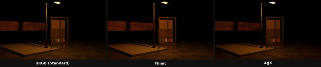 Comparatif sRGB vs Filmic vs AgX sur lampadaire sodium dans Blender