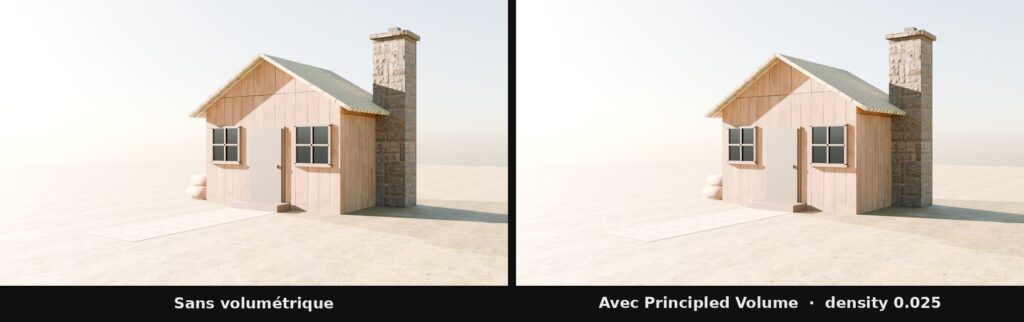 Comparatif scène nocturne sans et avec volumétriques Principled Volume dans Blender