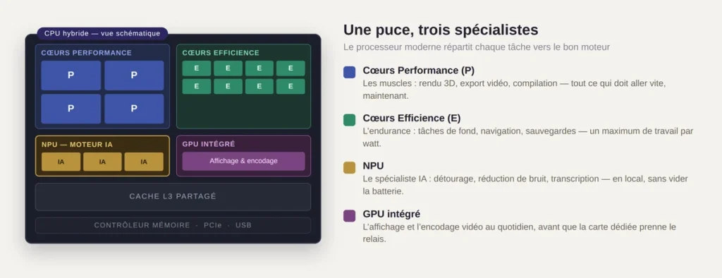 Architecture d'un processeur moderne : cœurs performance, cœurs efficience et NPU