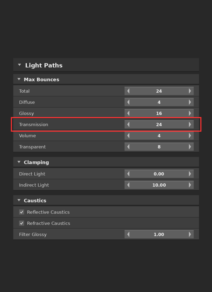 Panneau Light Paths de Blender Cycles configuré avec Transmission 24, Glossy 16 et Clamp Indirect 10 pour le rendu de bijou