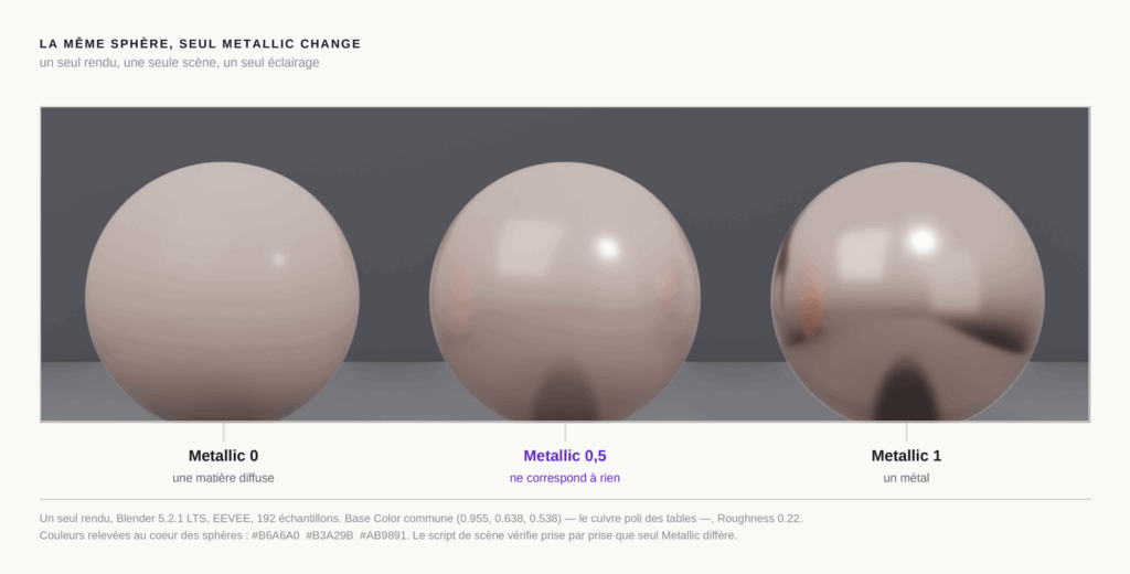 trois sphères identiques rendues avec Metallic à 0, 0,5 et 1 dans Blender