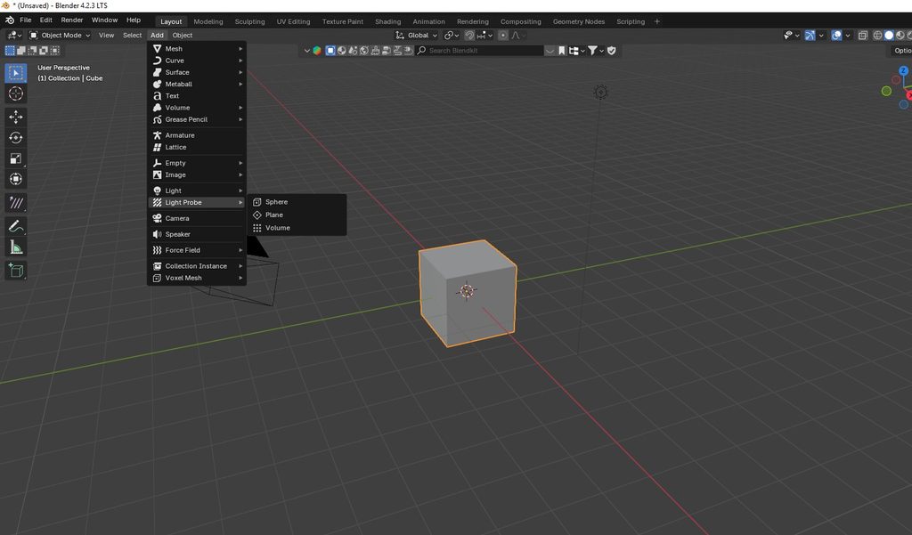 Menu Add Light Probe de Blender 4.2 comparé aux anciens noms d'EEVEE Legacy