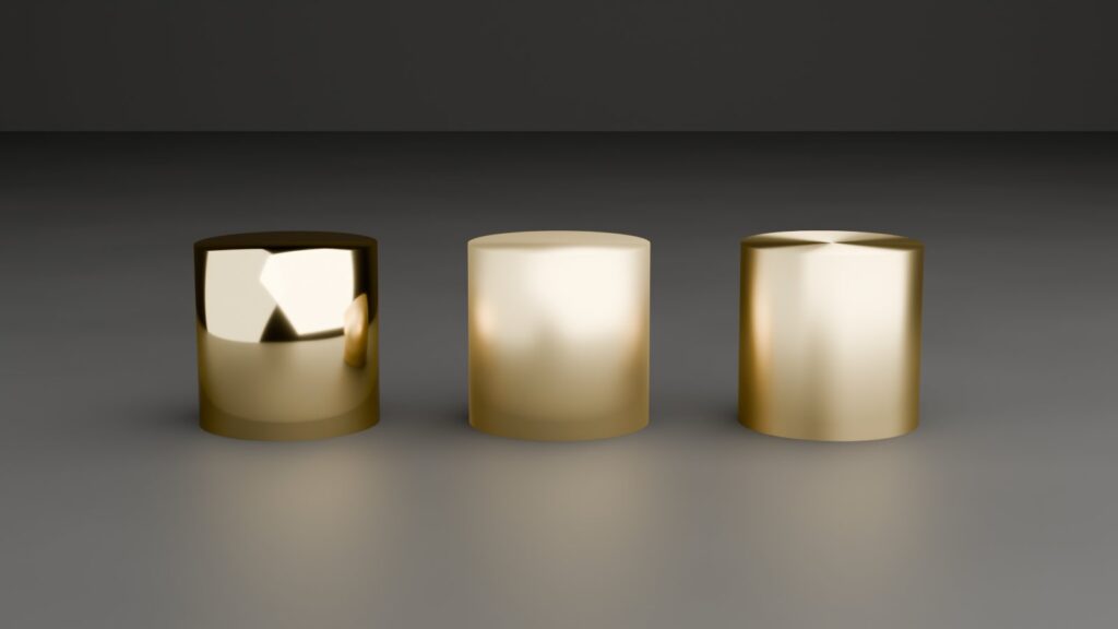 Comparaison de trois finitions d'or dans Blender Principled BSDF, poli miroir Roughness 0.1, satiné Roughness 0.4, et brossé anisotrope avec node Tangent UV