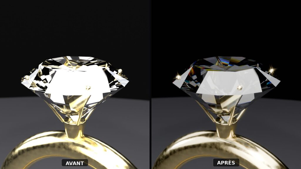 Avant / Après — Comment passer d'un rendu Cycles basique à un rendu joaillerie crédible. Même modèle 3D, mêmes lumières, juste les bonnes techniques.