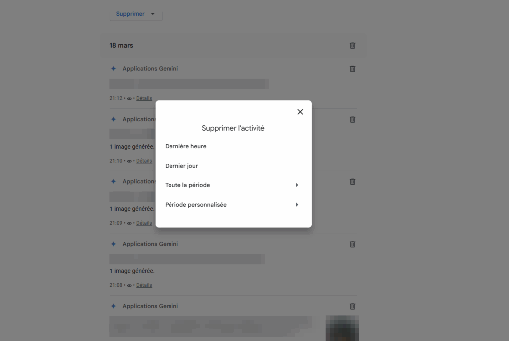 Page Activité de l'Assistant Google avec le menu Supprimer l'activité