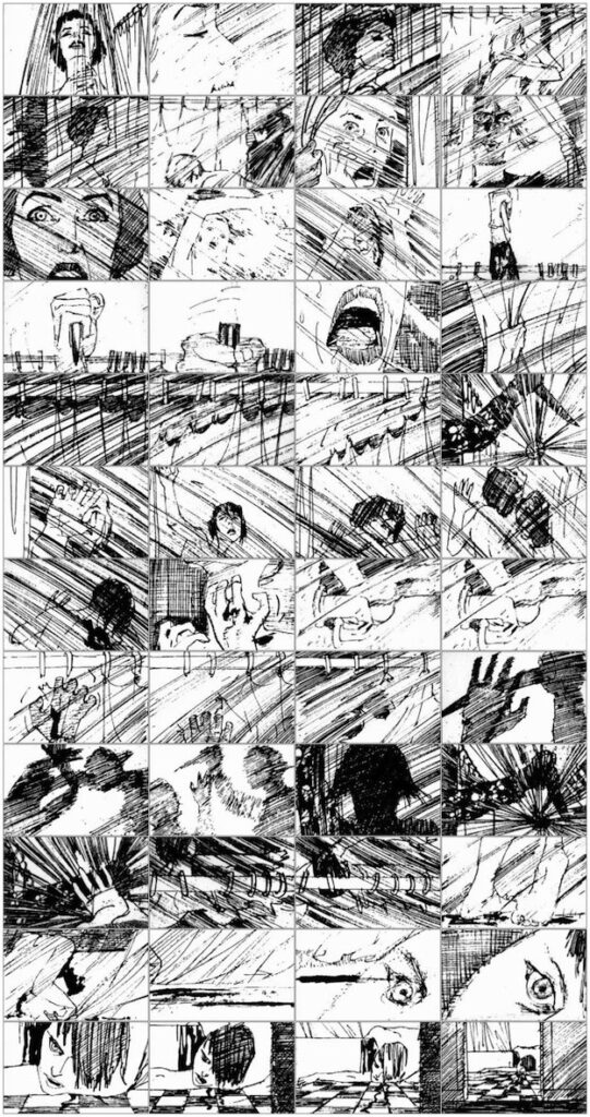 Planche de storyboard de la scène de la douche de Psychose à côté des images du film