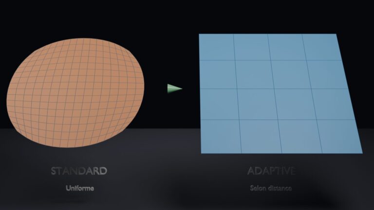 Adaptive Subdivision : la densité du maillage s'adapte à la distance de la caméra.