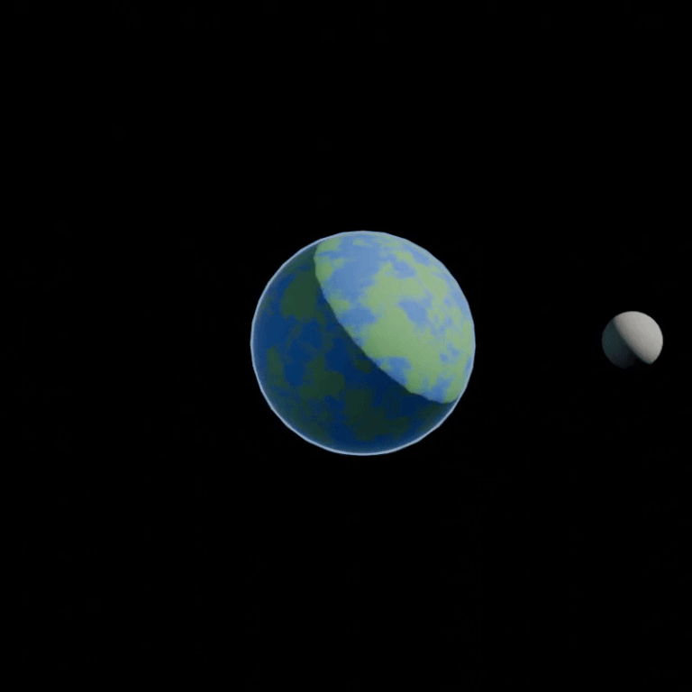 Animation : succession d'images simulant le mouvement. Ici, la Terre tourne sur son axe tandis que la Lune parcourt son orbite.