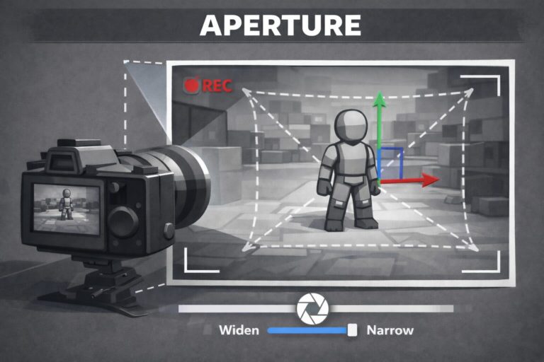 Aperture — Ouverture de la caméra 3D influençant la lumière et le flou de profondeur.