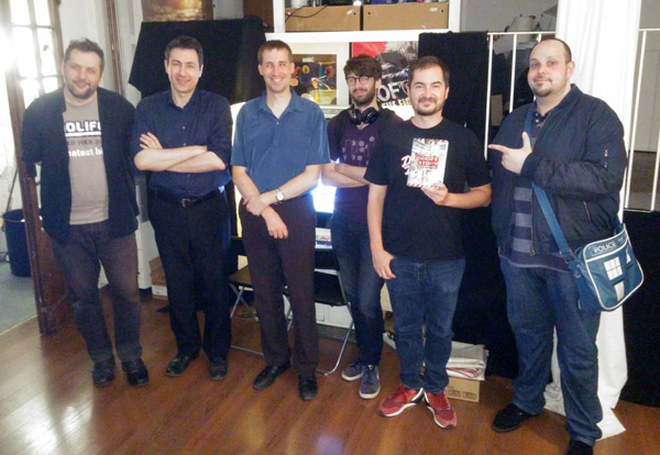 De gauche à droite : Alex Pilot, Sébastien Ruchet, Yves Breem, Moguri, Thierry Falcoz et Jean-Sébastien Brugalat — Podcast MO5.COM #35, juillet 2016