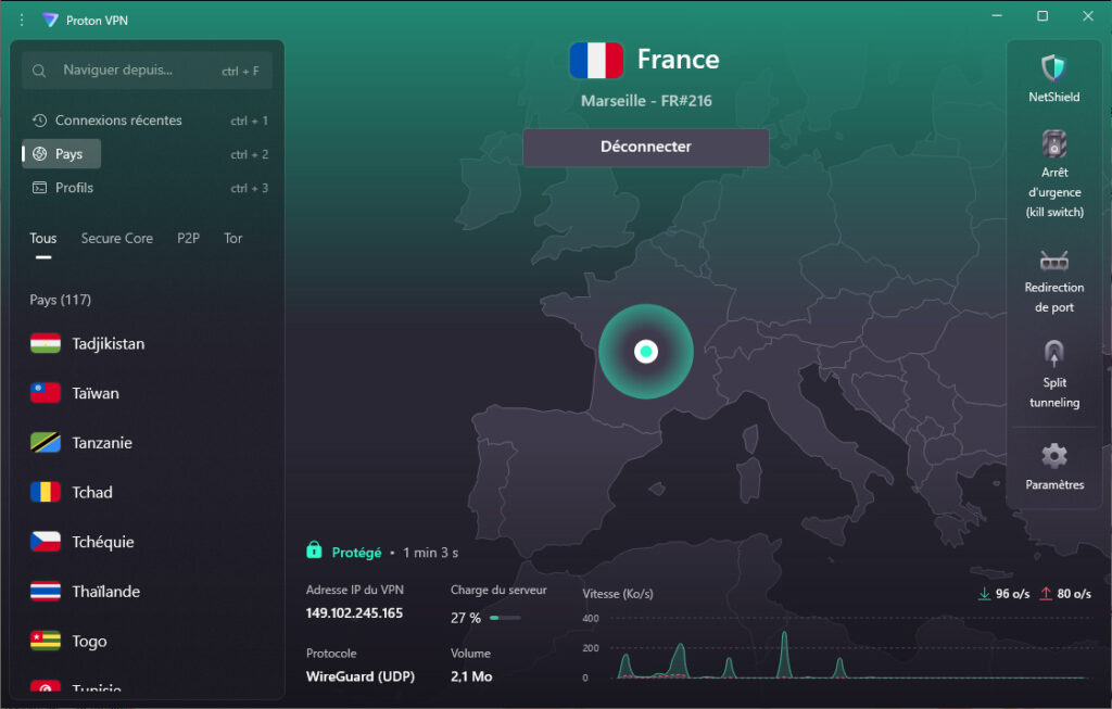 Capture de l'interface ProtonVPN avec carte des serveurs Secure Core