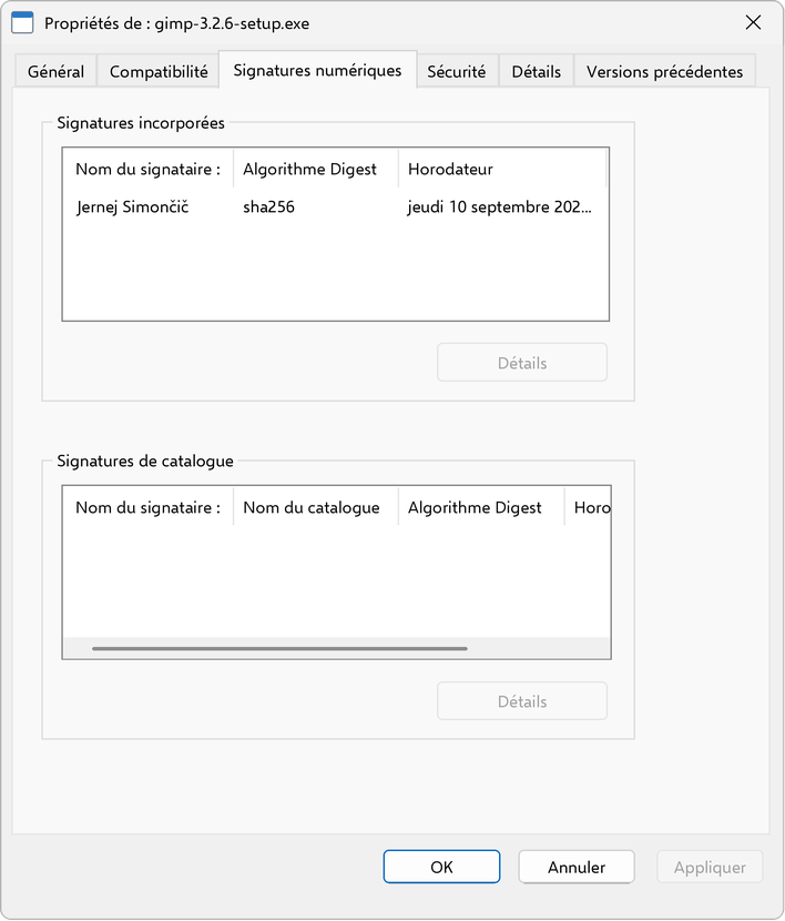  Onglet Signatures numériques des propriétés de l'installeur de GIMP 3.2.6 : la signature est au nom de Jernej Simončič 