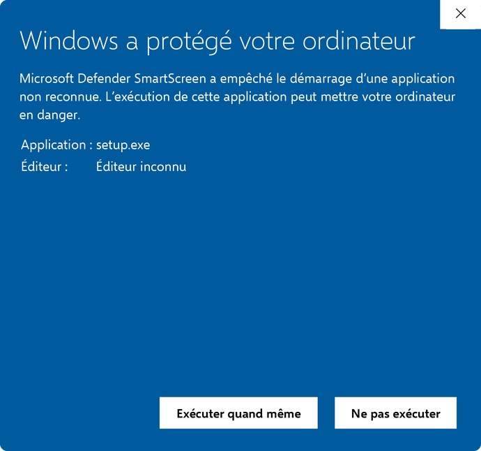 Fenêtre bleue de Microsoft Defender SmartScreen « Windows a protégé votre ordinateur », avec le nom de l'application, l'éditeur et le bouton Exécuter quand même